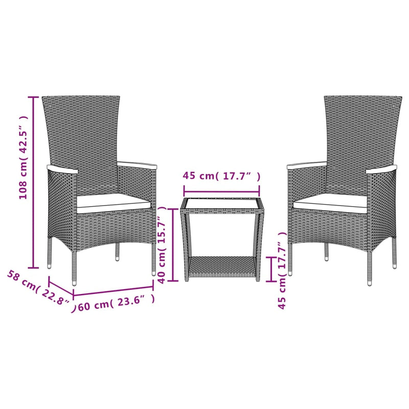 Set mobilier de grădină cu perne, 3 piese, gri, poliratan