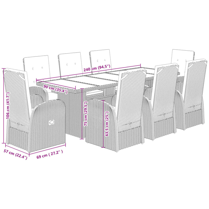 Set mobilier grădină cu perne, 9 piese, gri, poliratan