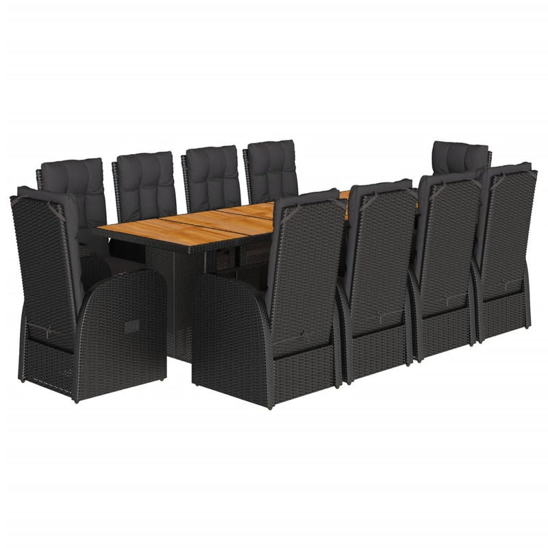 Set mobilier de exterior cu perne, 11 piese, negru, poliratan