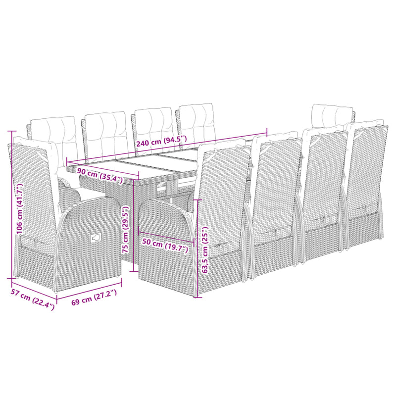 Set mobilier de exterior cu perne, 11 piese, negru, poliratan