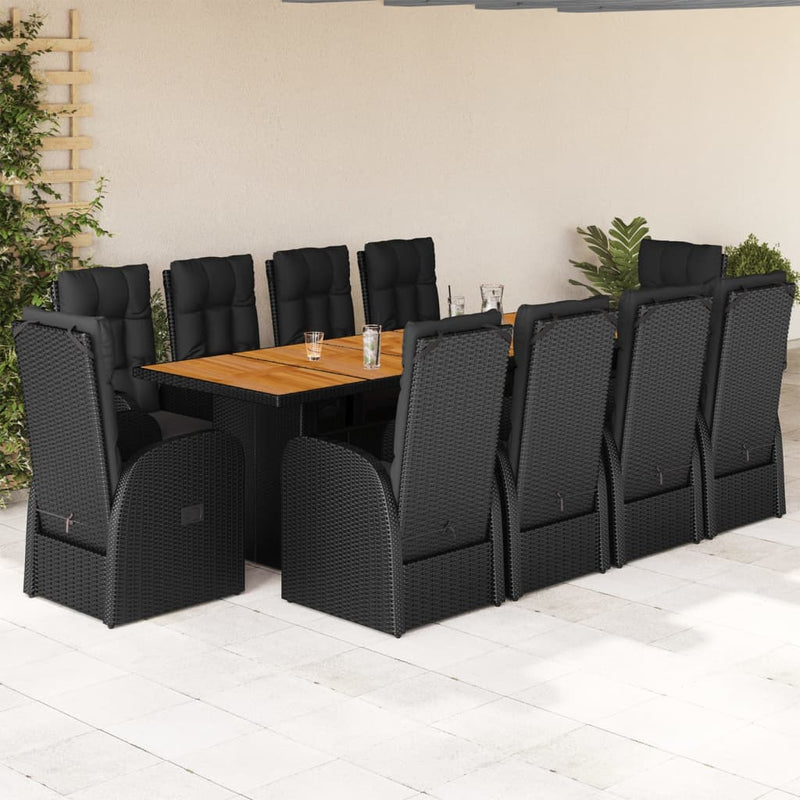 Set mobilier de exterior cu perne, 11 piese, negru, poliratan