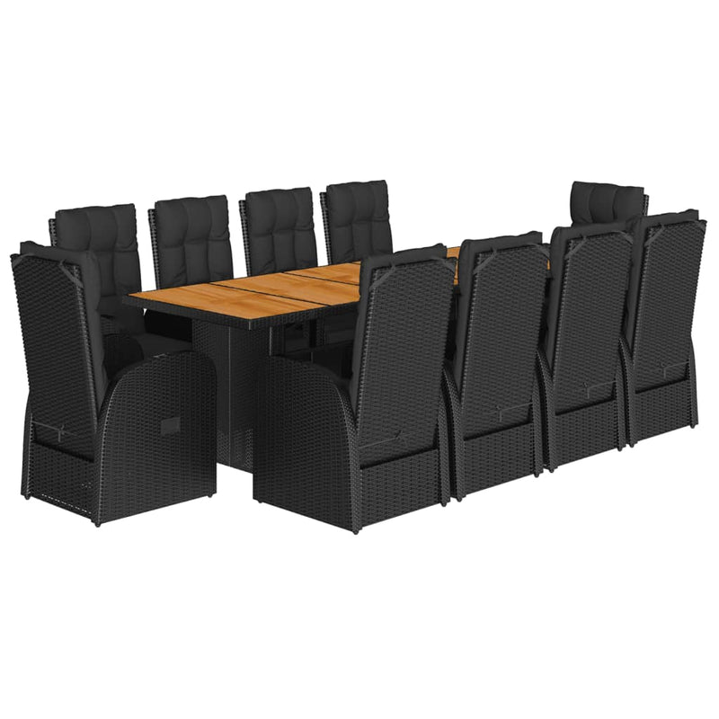 Set mobilier de exterior cu perne, 11 piese, negru, poliratan
