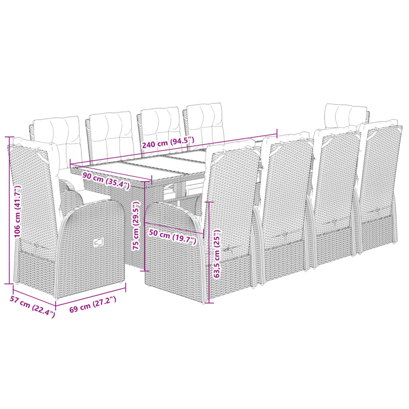 Set mobilier de exterior cu perne, 11 piese, negru, poliratan