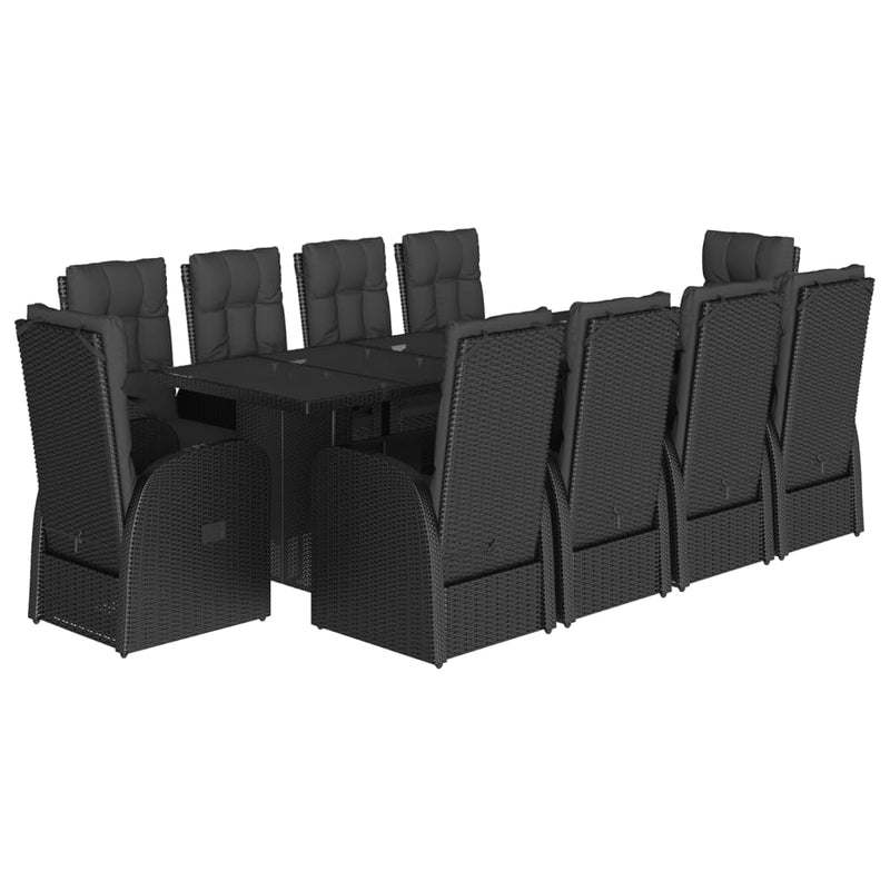Set mobilier de exterior cu perne, 11 piese, negru, poliratan