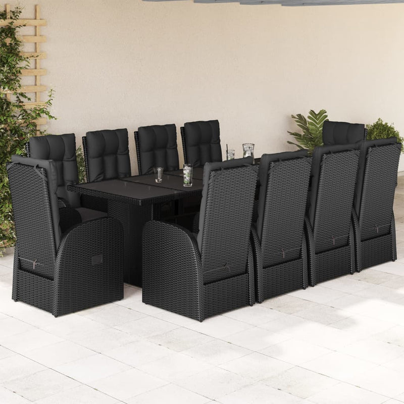 Set mobilier de exterior cu perne, 11 piese, negru, poliratan