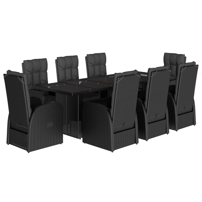 Set mobilier de grădină cu perne, 9 piese, negru, poliratan