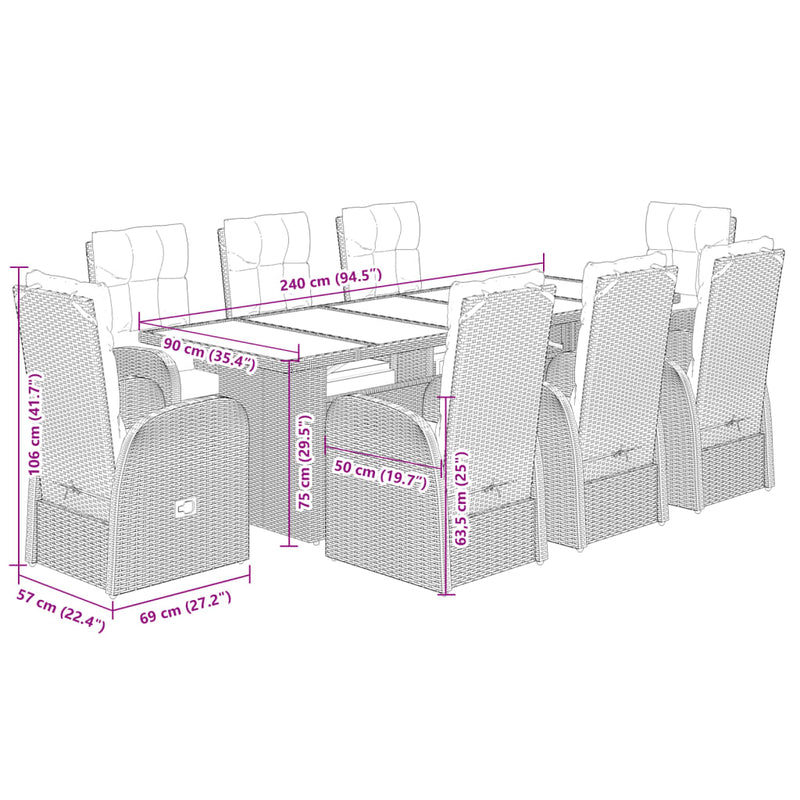 Set mobilier de grădină cu perne, 9 piese, negru, poliratan