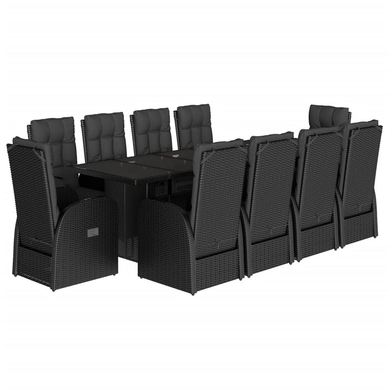 Set mobilier de exterior cu perne, 11 piese, negru, poliratan