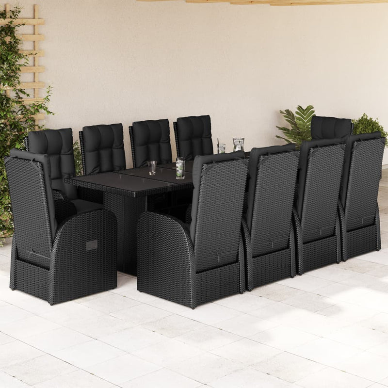 Set mobilier de exterior cu perne, 11 piese, negru, poliratan