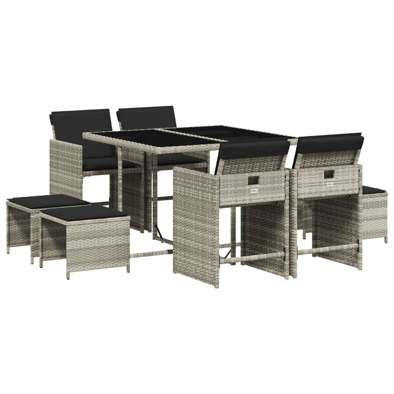 Set mobilier grădină cu perne, 9 piese, gri deschis, poliratan