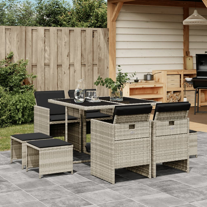Set mobilier grădină cu perne, 9 piese, gri deschis, poliratan
