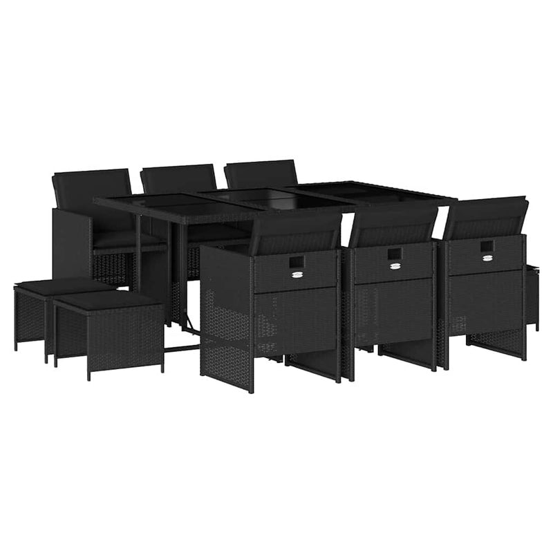 Set mobilier de exterior cu perne, 11 piese, negru, poliratan