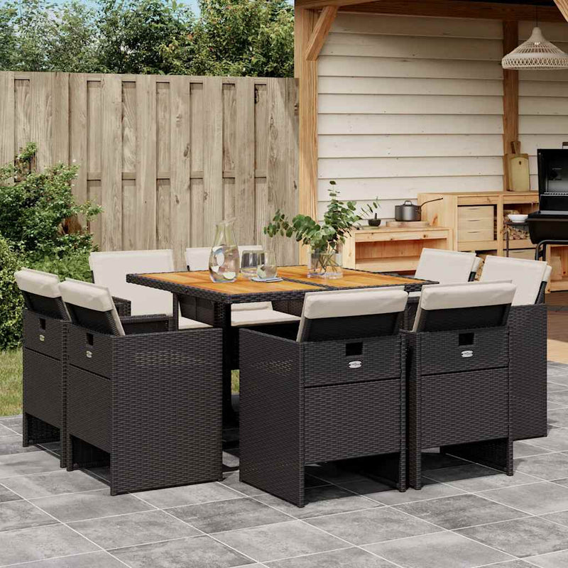 Set mobilier de grădină cu perne, 9 piese, negru, poliratan