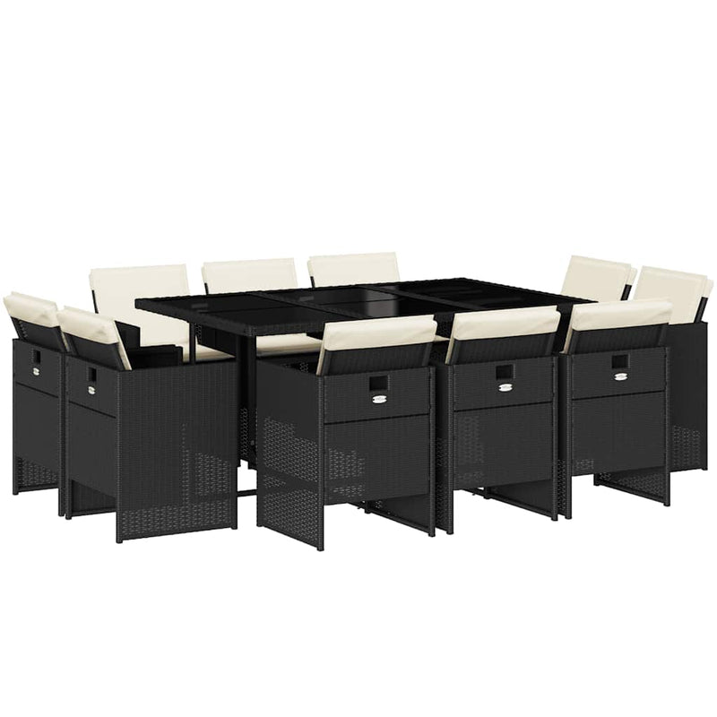 Set mobilier de exterior cu perne, 11 piese, negru, poliratan