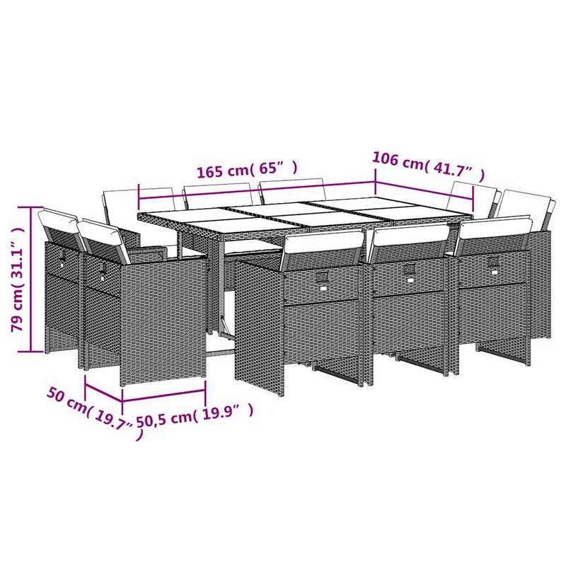 Set mobilier de exterior cu perne, 11 piese, negru, poliratan