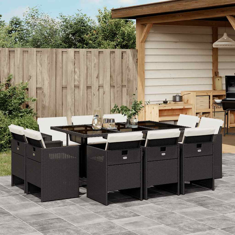 Set mobilier de exterior cu perne, 11 piese, negru, poliratan