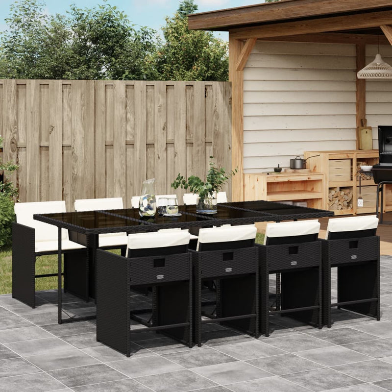 Set mobilier de grădină cu perne, 9 piese, negru, poliratan