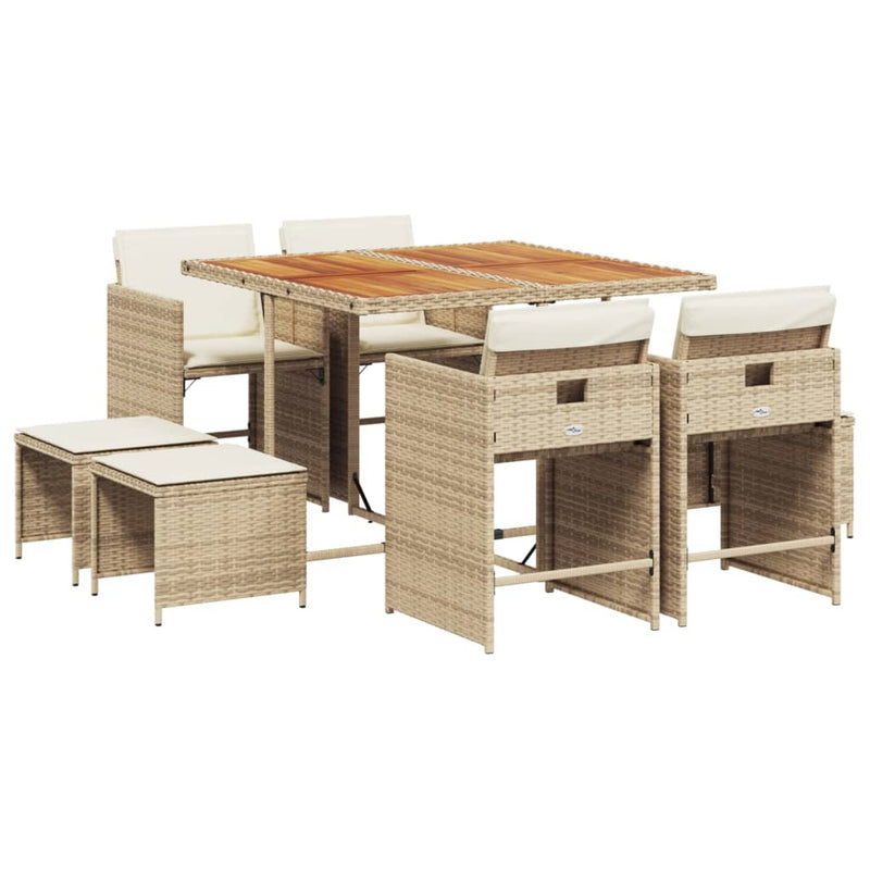Set de masă pentru grădină, 9 piese, cu perne, bej, poliratan