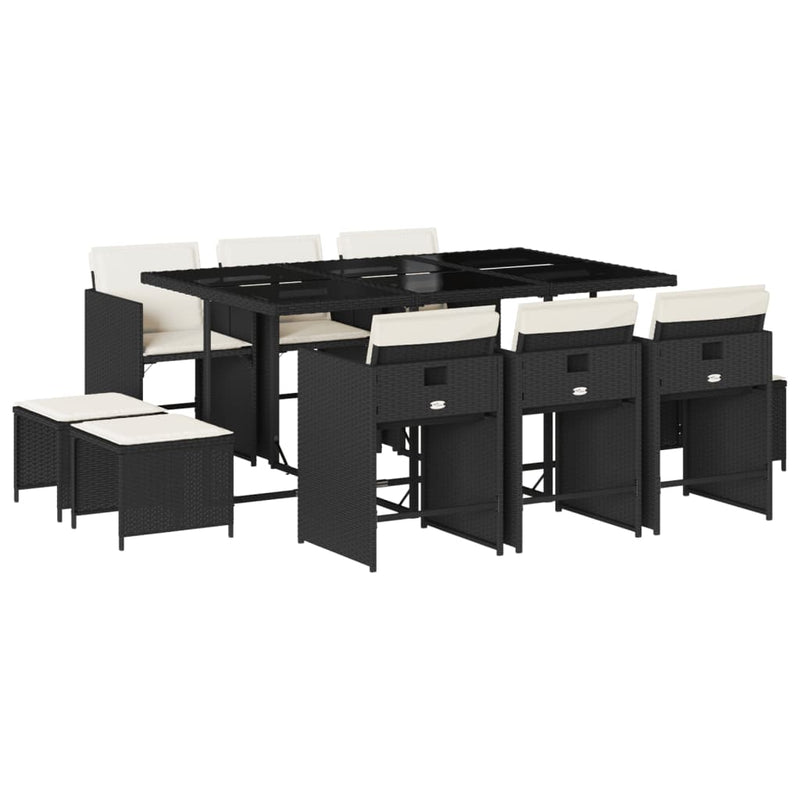 Set mobilier de exterior cu perne, 11 piese, negru, poliratan