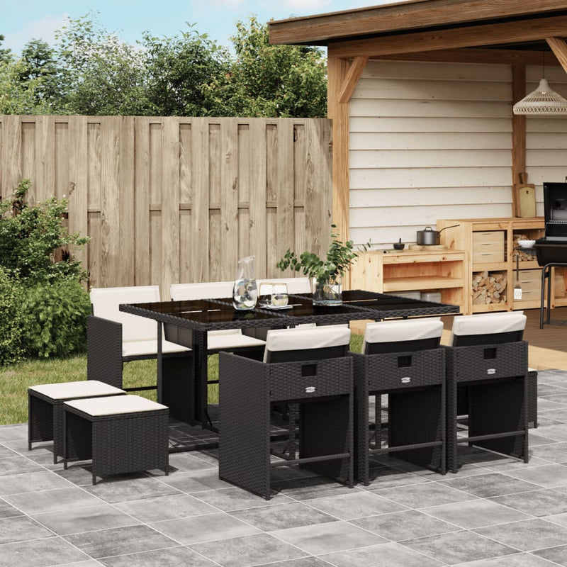 Set mobilier de exterior cu perne, 11 piese, negru, poliratan