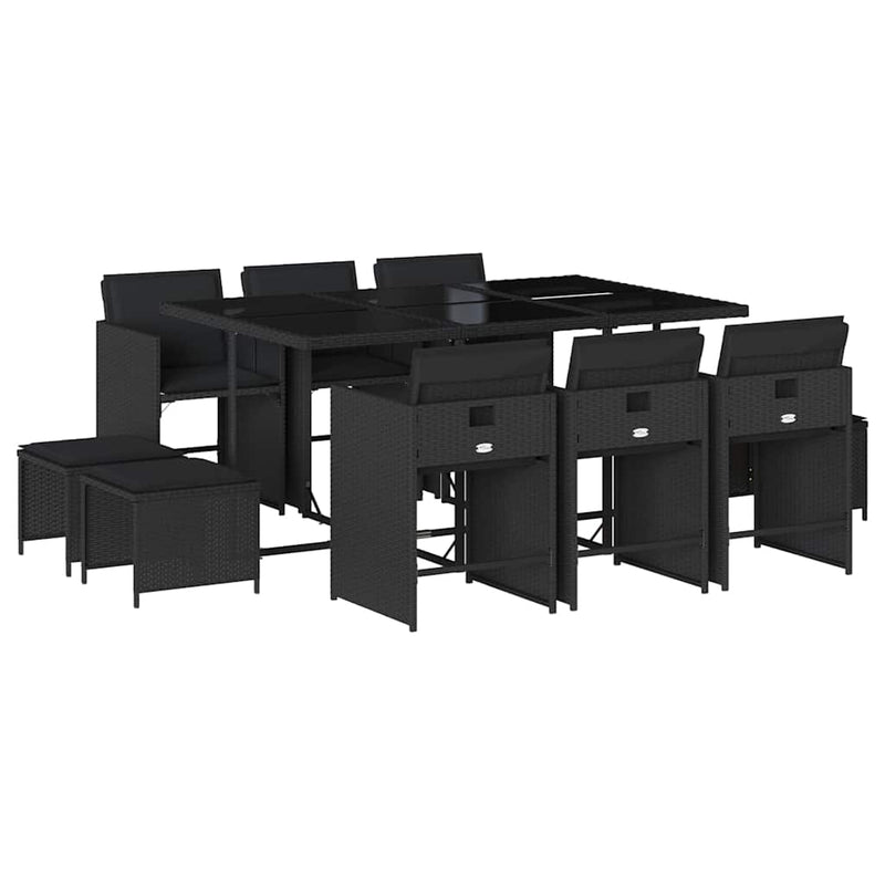 Set mobilier de exterior cu perne, 11 piese, negru, poliratan