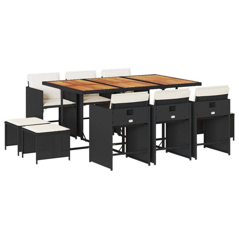 Set mobilier de exterior cu perne, 11 piese, negru, poliratan