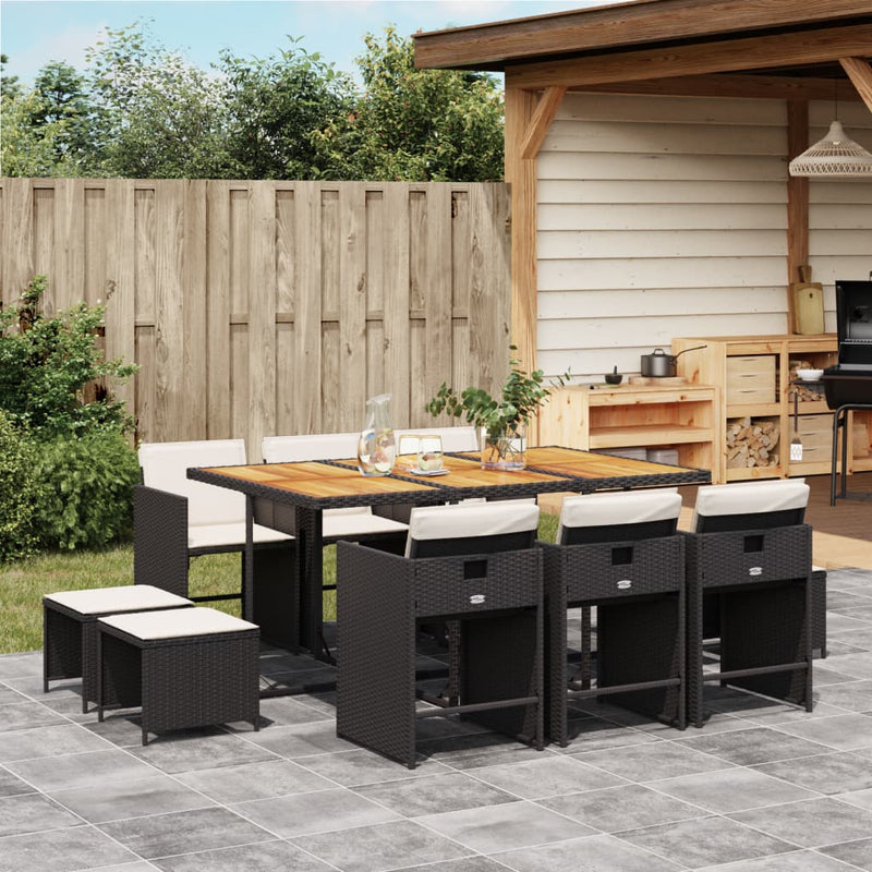 Set mobilier de exterior cu perne, 11 piese, negru, poliratan