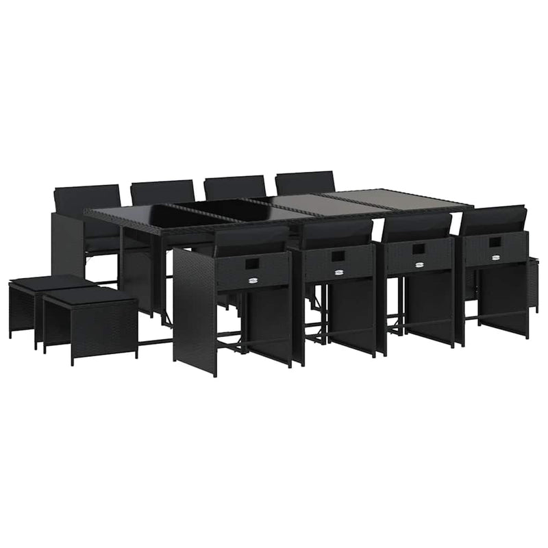 Set mobilier de grădină cu perne, 13 piese, negru, poliratan