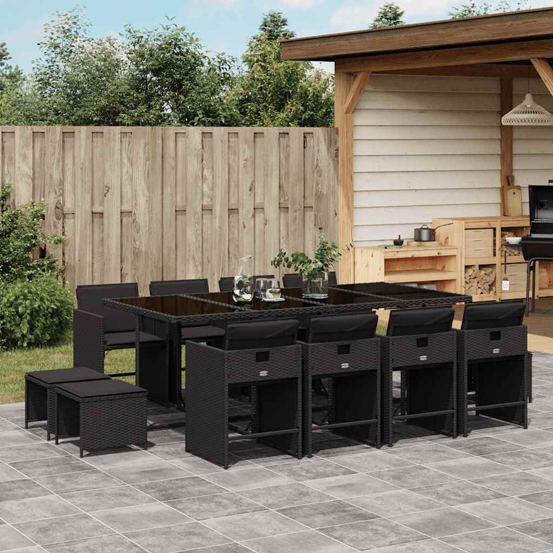 Set mobilier de grădină cu perne, 13 piese, negru, poliratan
