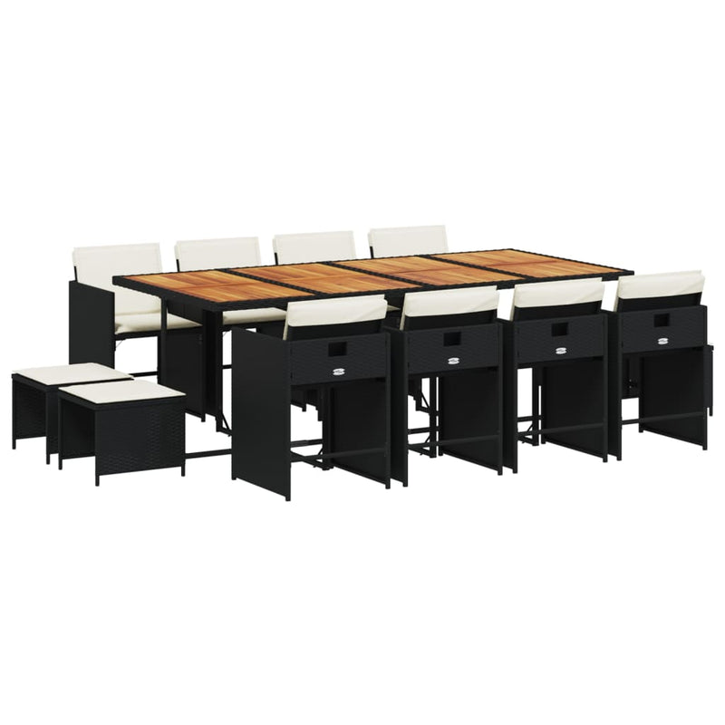Set mobilier de grădină cu perne, 13 piese, negru, poliratan