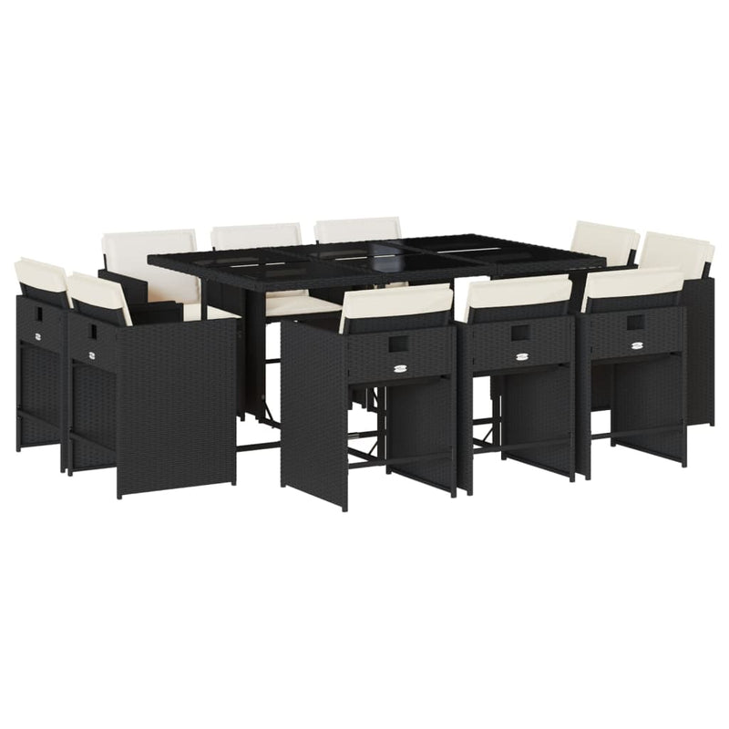 Set mobilier de exterior cu perne, 11 piese, negru, poliratan