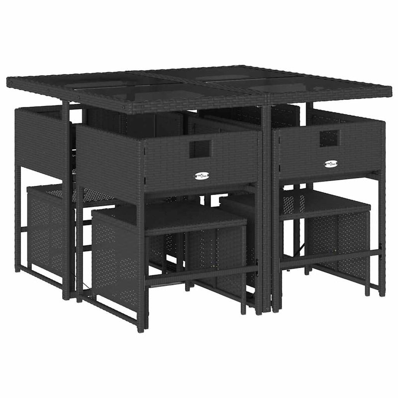 Set mobilier de grădină cu perne, 9 piese, negru, poliratan