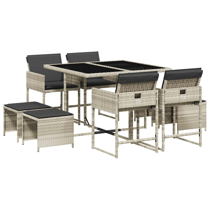 Set mobilier grădină cu perne, 9 piese, gri deschis, poliratan