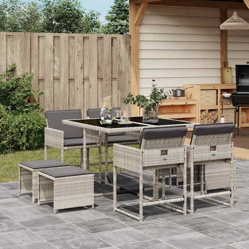 Set mobilier grădină cu perne, 9 piese, gri deschis, poliratan