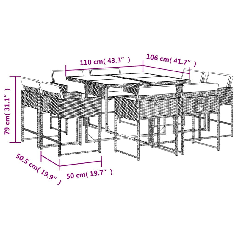 Set de masă pentru grădină, 9 piese, cu perne, bej, poliratan