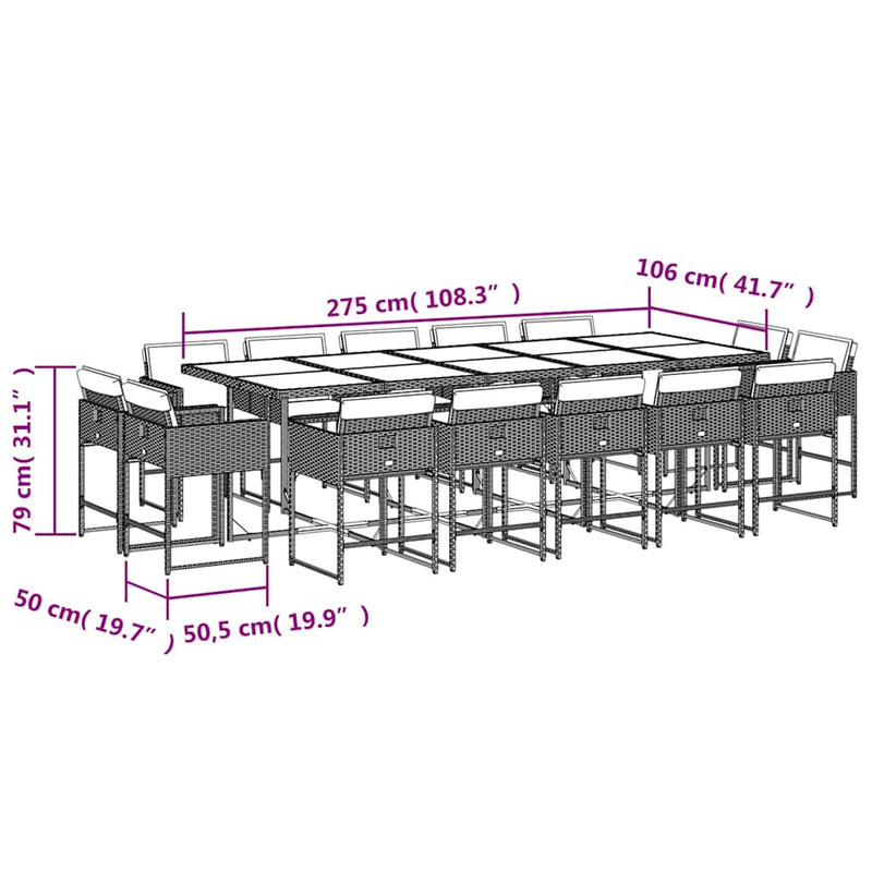 Set mobilier grădină cu perne, 15 piese, bej combinat poliratan