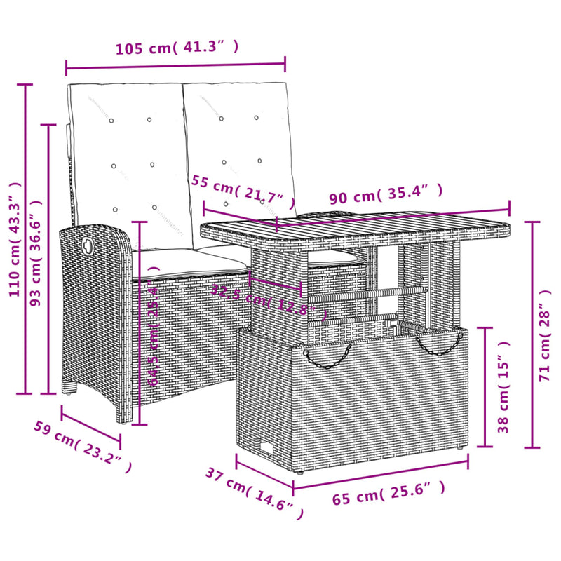 Set mobilier de grădină cu perne, 2 piese, negru, poliratan