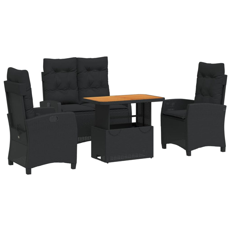 Set mobilier de grădină cu perne, 4 piese, negru, poliratan