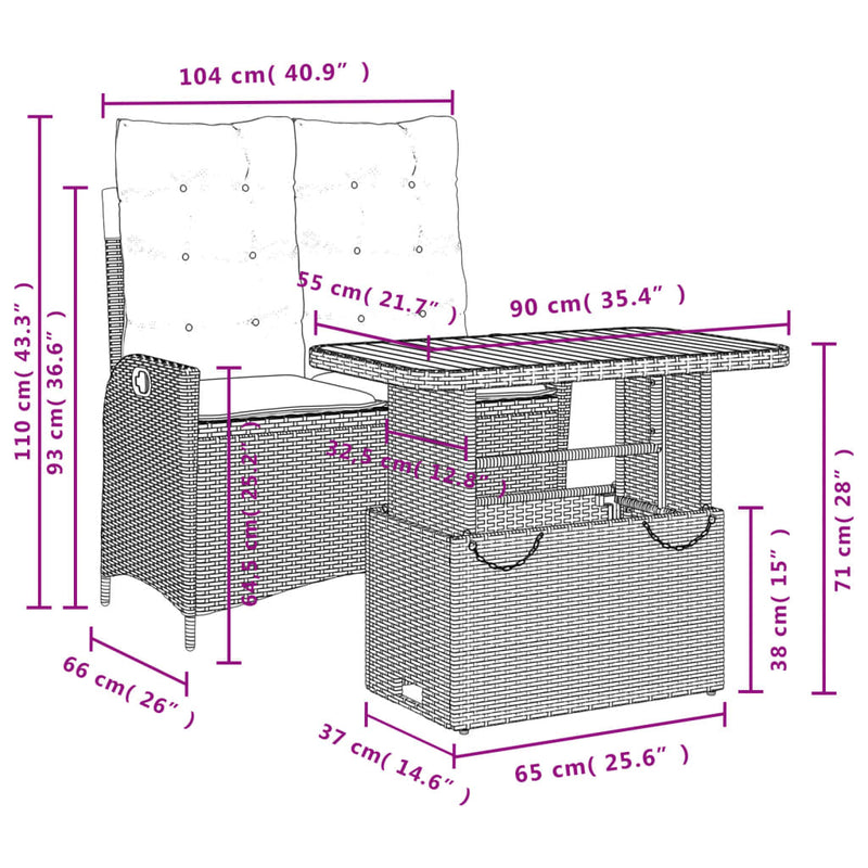 Set mobilier de grădină cu perne, 2 piese, negru, poliratan