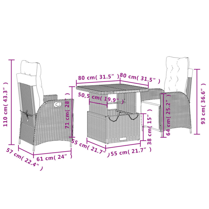 Set mobilier de grădină cu perne, 3 piese, negru, poliratan