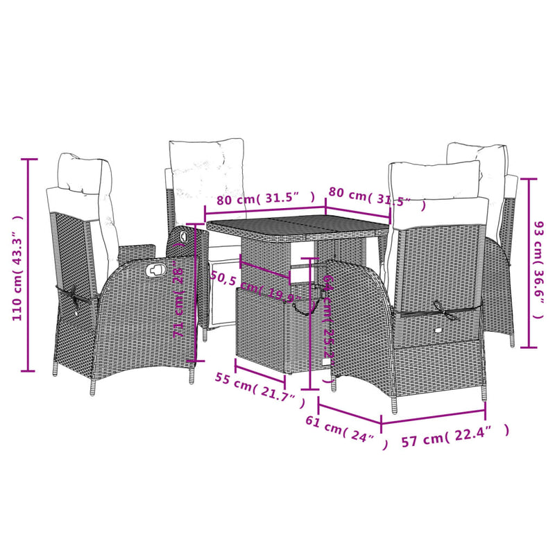 Set mobilier de grădină cu perne, 5 piese, negru, poliratan