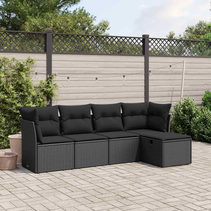 Set mobilier de grădină cu perne, 5 piese, negru, poliratan