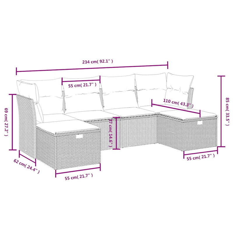 Set mobilier de grădină cu perne, 6 piese, negru, poliratan