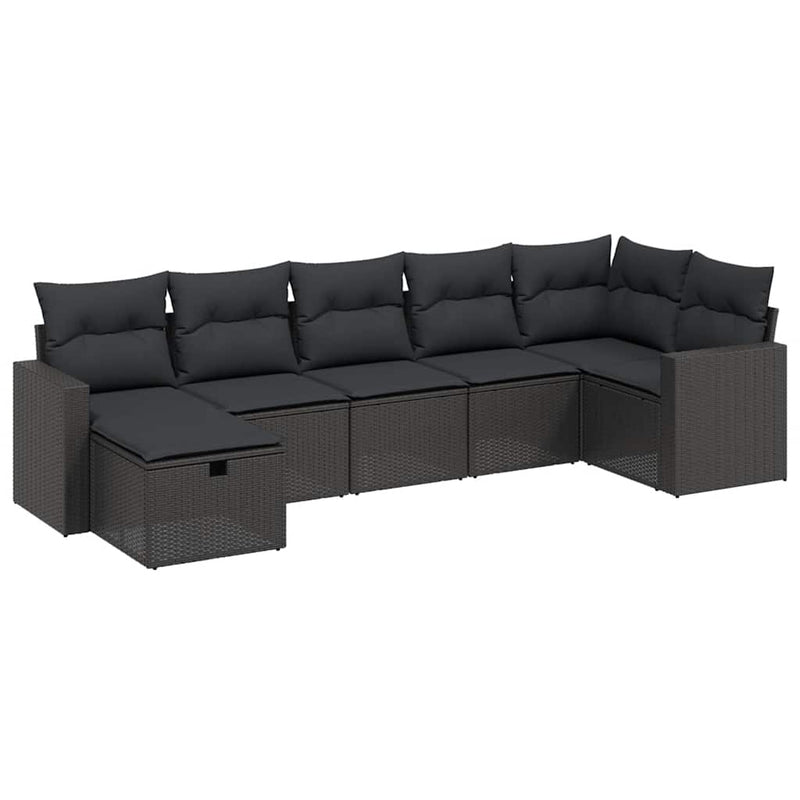 Set canapele de grădină cu perne, 7 piese, negru, poliratan