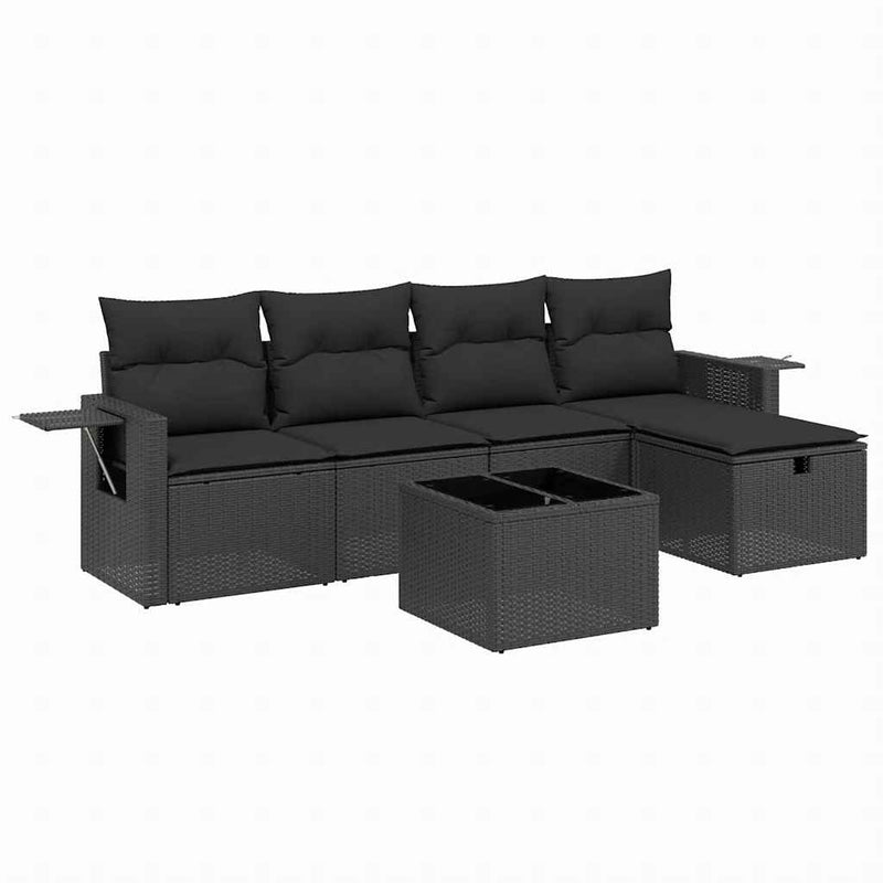 Set mobilier de grădină cu perne, 6 piese, negru, poliratan