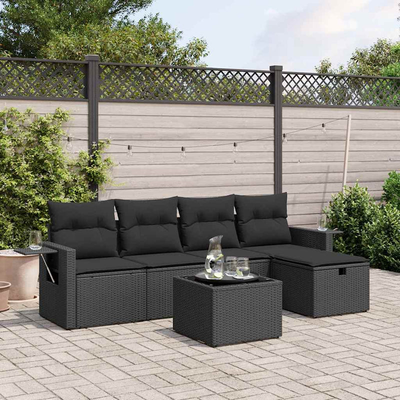 Set mobilier de grădină cu perne, 6 piese, negru, poliratan