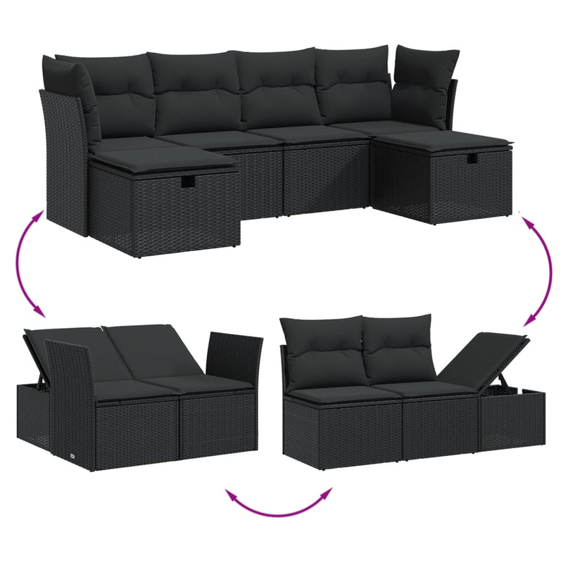 Set mobilier de grădină cu perne, 6 piese, negru, poliratan