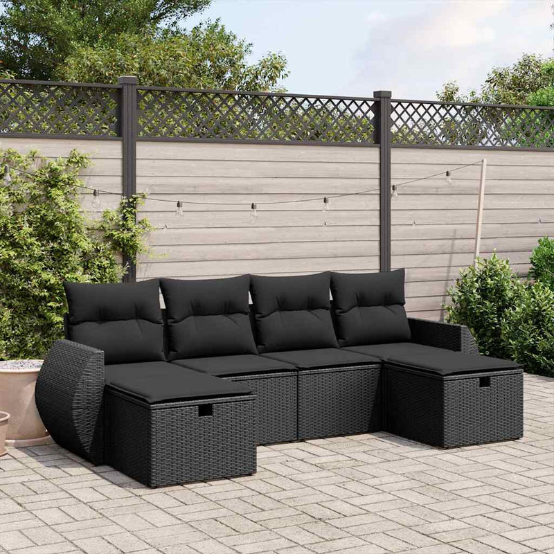 Set mobilier de grădină cu perne, 6 piese, negru, poliratan