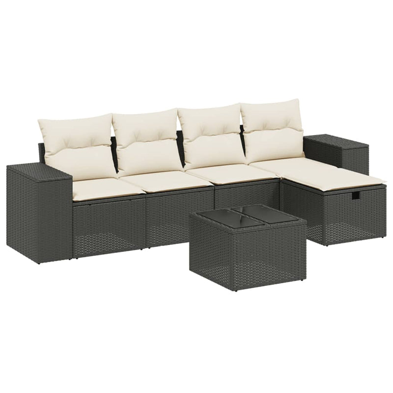 Set mobilier de grădină cu perne, 6 piese, negru, poliratan