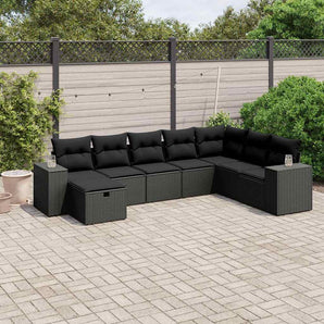 Set mobilier de grădină cu perne, 8 piese, negru, poliratan